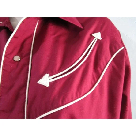 Vintage 70s Levis Pearl Snap Womans S Western Cowboy Rodeo Shirt Maroon White - Picture 7 of 16